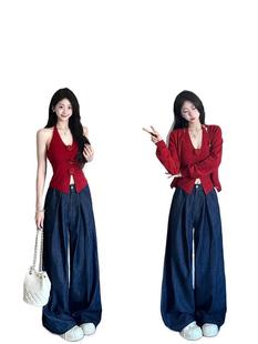 dark blue Pleated Wide-Leg Yuppie Jeans Women's Spring and Autumn Small High Waist Loose Dosing Straight Long Pants