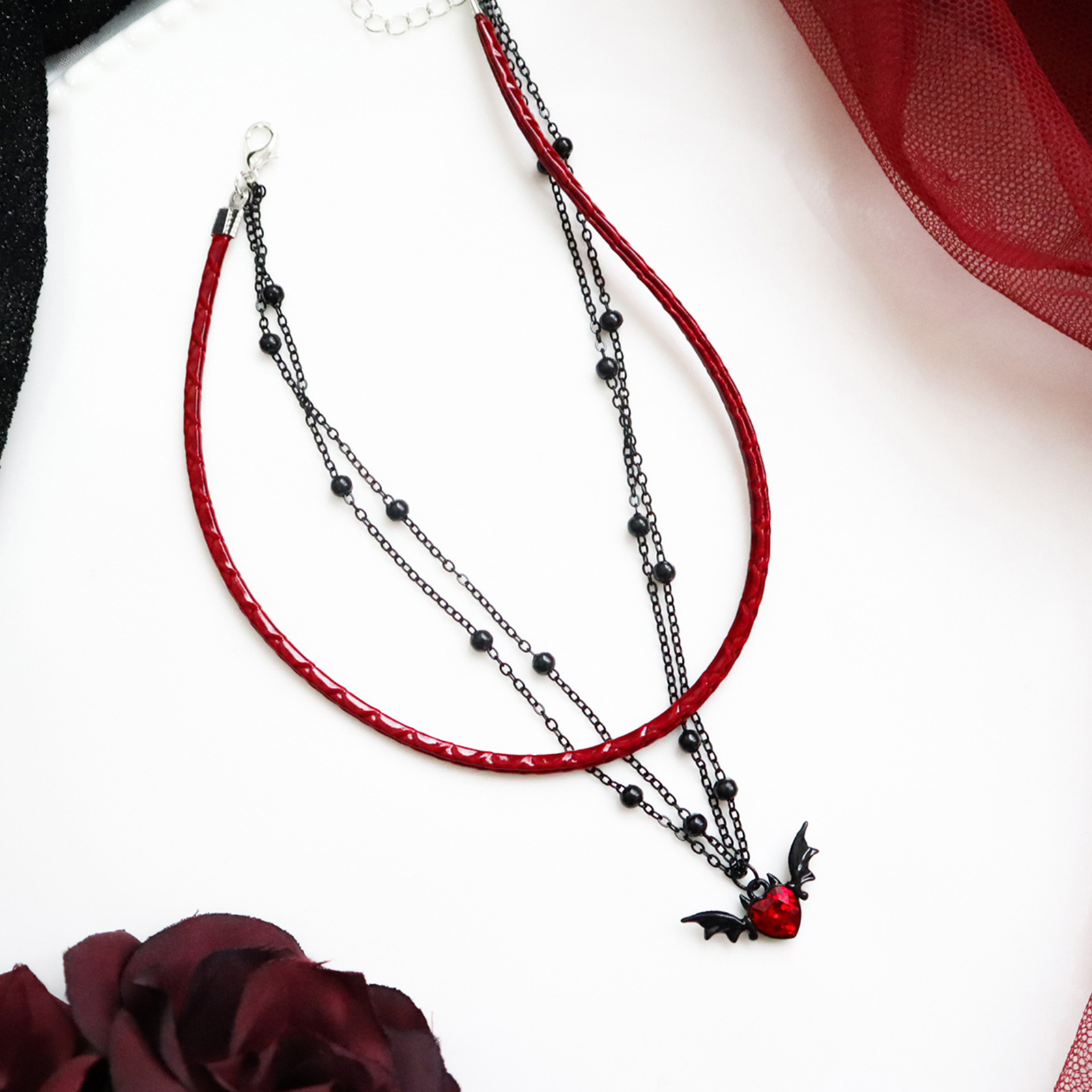 Cross-Border Jewelry Punk Hot Girl Black and Red Choker Necklace Retro Shiny Waxed Cord Choker Collarbone Chain Double-Layer Necklace