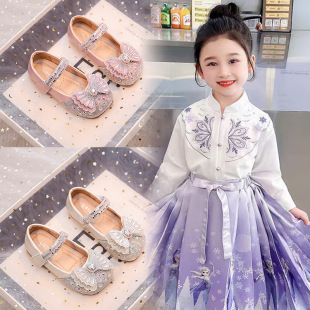 Girls' Shoes Bow Princess Shoes 2025 Spring and Autum New Kidsren's Shiny Rhinestone Small Leather Shoes Autum Baby Shoes