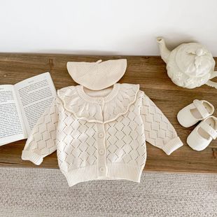 2024 spring new 0-3 years old baby girl baby sweater hollow cotton yarn knitted large lotus collar long sleeve coat