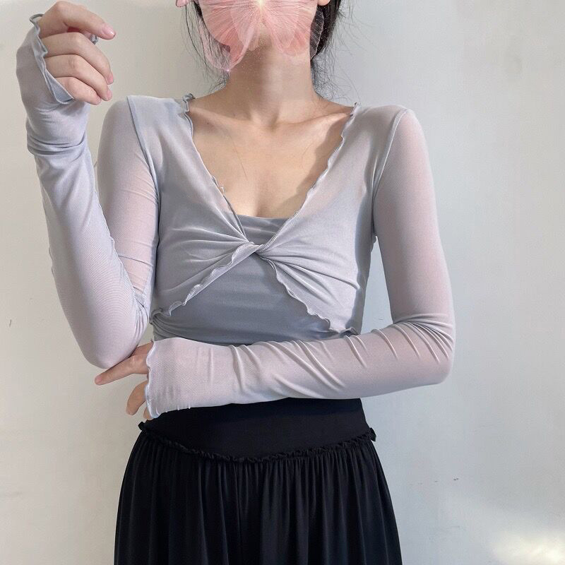 Ballet Dancewear for Women, Long-Sleeve Overlay Top with Crisscross Mesh, Yoga Classical Modern Practice Wear, Sun Protection Shirt
