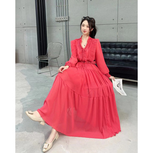 European Station V-neck Ruffled Waist Slimming Chiffon Large Swing A- line Dress Retro Elegant Bubble Long-sleeved dress Women