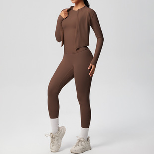 in stock Cross-border Double-sided Sanding Naked Skin-friendly Breathable Tight Three-piece Sports Running Fitness Yoga suit Women