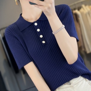 Spring and summer 2025 new POLO collar sweater short sleeve ladies loose temperament drawshirt vest T-shirt wholesale