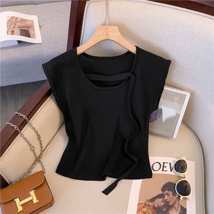 Knitted Slim-fit Short-sleeved Shoulder T-shirt Women's Summer Design Sense Niche Chic All-match Round Neck Short Top Women's Clothing