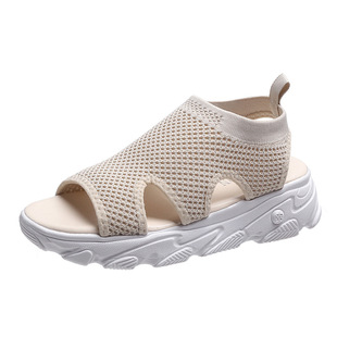 Fish-mouth Fly-woven Sandals Women's 2021 Summer New Korean Style Thick-soled Casual Mesh Sports Sandals Hollow Breathable Trendy