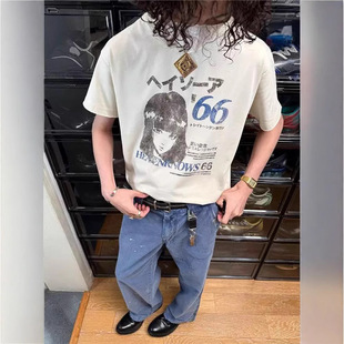 High-quality Shibuya girls 260G digital printing washed distressed loose retro short sleeve T-shirt cleanfit