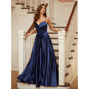 AliExpress thin shoulder strap ball gown spring and summer new women's long banquet formal catwalk show backless dress