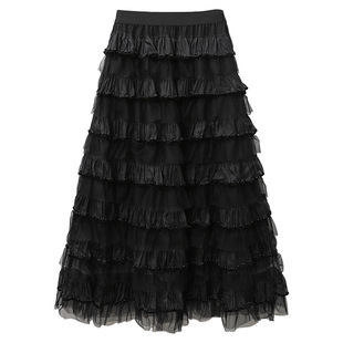 French Style Design Beaded Mesh Puffy Skirt Women's Autumn and Winter New High Waist A- line Long Fairy Cake Skirt