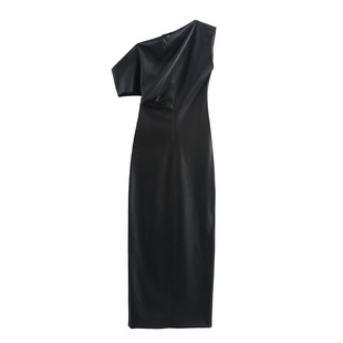 10898 European and American Street Trendy Solid Color Pullover Oblique Collar Asymmetrical Short Sleeve Imitation Leather dress PU Leather New dress