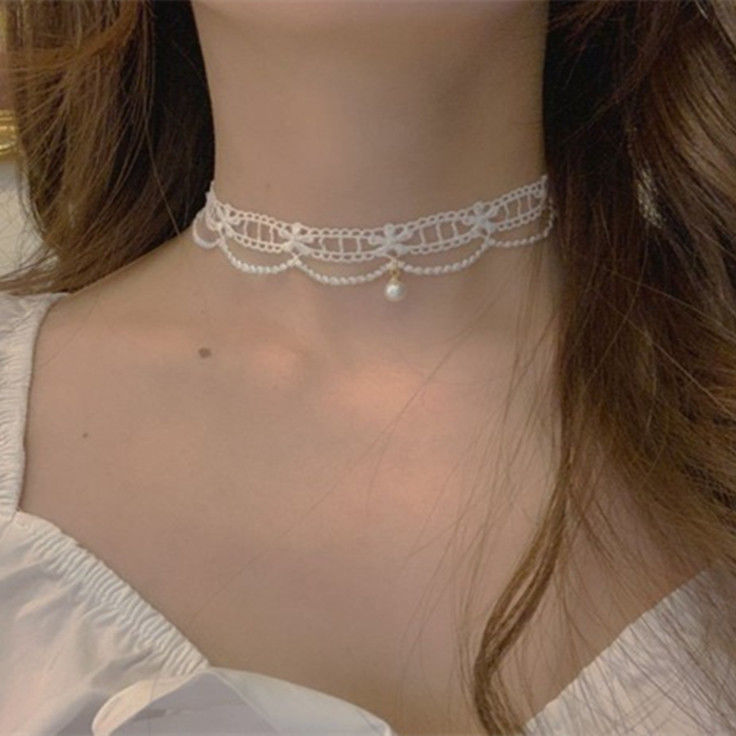 French Girl White Lace Pearl Collar Choker Super Fairy Hollow Flower Sweet Neck Strap Clavicle Chain Necklace