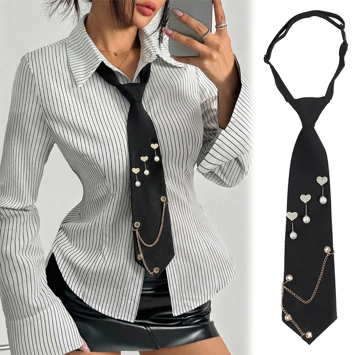 Cross-Border Trendy Fashion Metal Chain Flower Hip-Hop Punk Jk No-Tie Necktie for Women with a Sense of Design