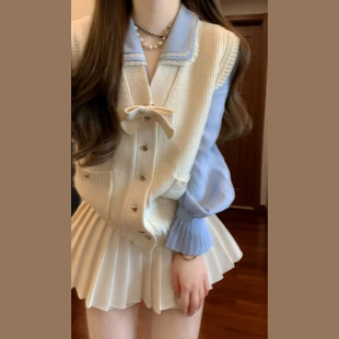 Gentle Style Sweet Dress A Set of Wear Women's 2025 Spring Shirt Vest Pleated Skirt Three-Piece Set