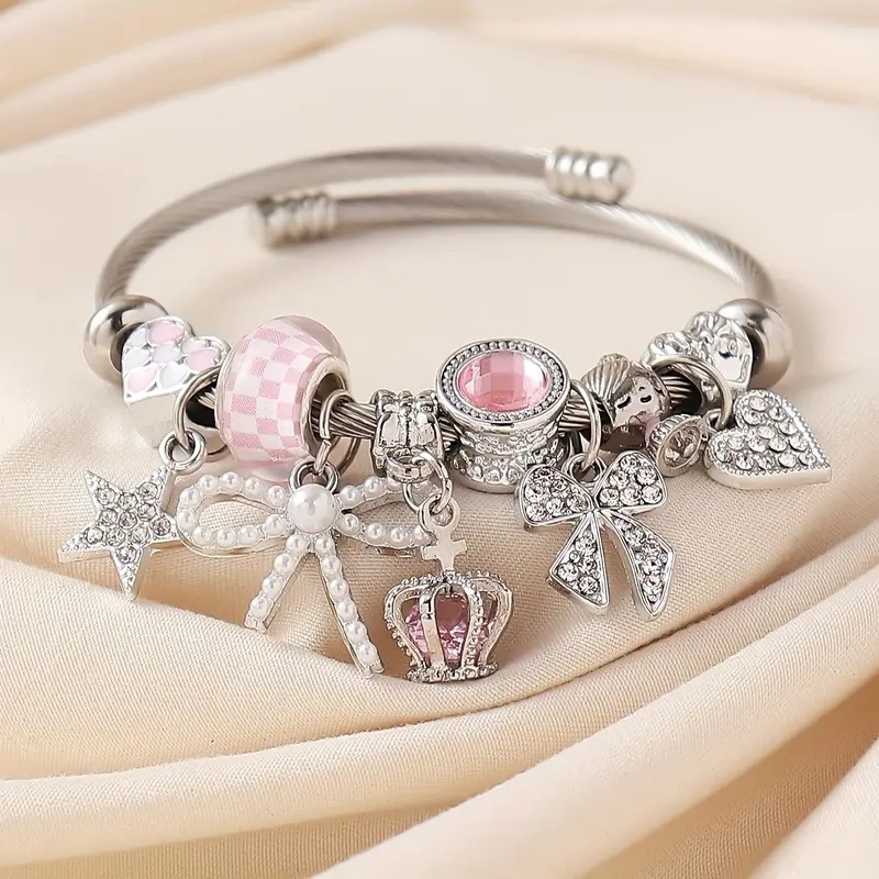 Sweet and Cool Princess Style Pink Butterfly Pendant Accessible Luxury Full Diamond High Heels Ballet Heart DIY Open Bracelet Wholesale