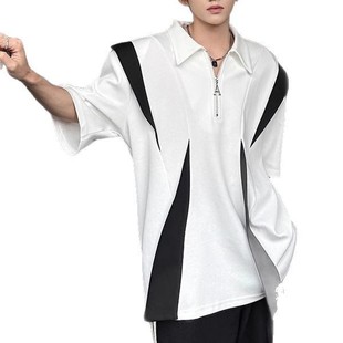 Summer Niche Black and White Contrast Color Stitching Deconstruction Short-sleeved Men's T-shirt Half Zipper Design Sense Pad Shoulder Top Polo Shirt