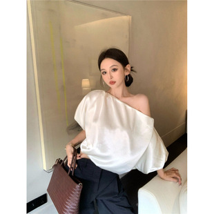 Korean Hot Girl Bubble Satin Design Slanted Shoulder Top + High Waist Wide Leg Pants Suit for Women