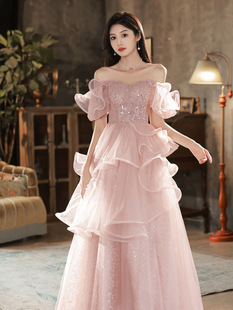 French style evening dress for women elegant socialite high-end light luxury niche high-end sense host art exam Super Fairy pink engagement dress