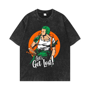Summer New Men's American Style Vintage Washed Old Cotton T-shirt Men's One Piece Cartoon Anime Loose Short Sleeve