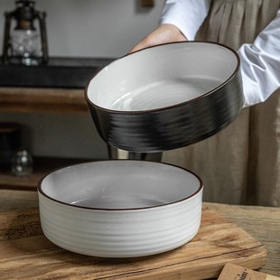 [Beautiful recommend] Minimized 8-inch Soup Bowl Black and White Color Matching Large Soup Bowl Ceramic Soup Basin Micro-blemish