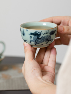 In-glaze blue and white Chinese style Ru kiln Phoenix Kirin tea cup Ru porcelain personal Cup vintage tea master Cup Single Cup