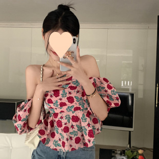 French Floral Tube Top One-Shoulder Puff Sleeve Shirt Design Pleated Waist Off-Shoulder Top for Women Summer