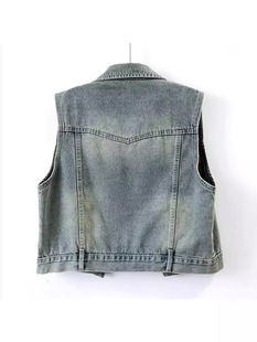 American Style Vintage Washed Short Denim Vest Women's Spring and Autumn 2024 New All-match Waistcoat Sleeveless Overalls