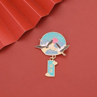 Chinese Style Good Luck Prayer Brooch Retro Art Blessing National Tide Crane Koi Badge Jewelry Clothing Accessories