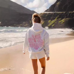 2024 new European size ladies shoulder sleeve threaded Hawaii Hibiscus brand sweater hoodie printing