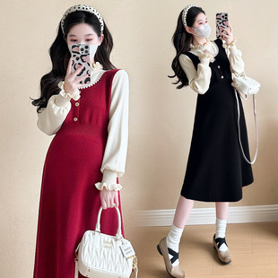 Maternity 2025 Winter New Korean Fashion Small Fragrant Style Temperament Slimming Age Reducing Stitching Thickened dress