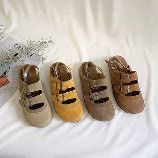 2025 Korean-style Trendy Cool Thick-soled Loafed Toe Sandals Women's Casual All-match Round Toe Frosted Leather Birkenness Sandals