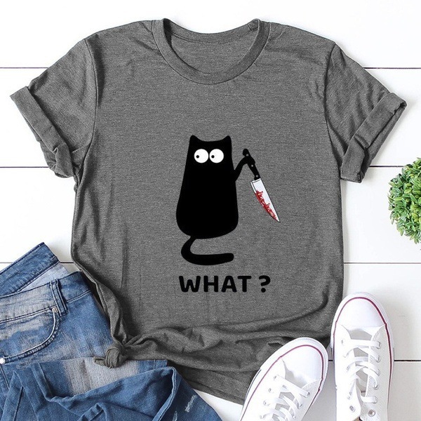 Cross-border WISH AliExpress Amazon Halloween popular what Blood Dagger cat European and American short sleeve women's T-shirt
