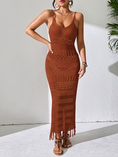 Cross-border European and American Sexy Hollow Sling dress Slim-fit Tassel Beach Dress Sleeveless Knitted V-neck Sling Blouse