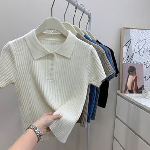 Vintage Hong Kong Style Chic Design Polo Shirt Short-sleeved T-shirt Women's 2024 New Slim-fit Pit Blue Top Spring