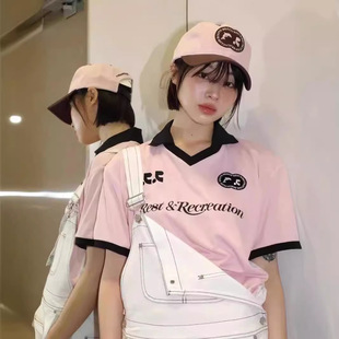 Южная Корея restandrecreation Женская футболка с короткими рукавами Мужская RR Джерси стиль стиль цветного сшивания свободный отворот пара топ