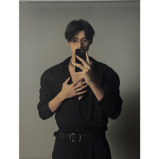 Black shoulder pad shirt men's high-grade Neapolitan shirt ascetic men's top clothes men's casual jacket