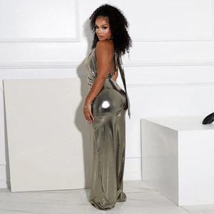 Factory Supply Amazon European and American Fashion Hot Style Sexy Elegant Pure Color Swing Collar Halterneck Backless Wide-Leg Jumpsuit