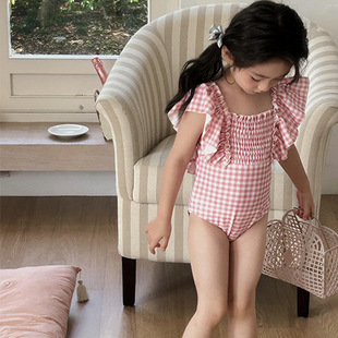 Girls' Swimwear Summer 2025 New Pink Plaid Children's Lace One-piece Swimsuit Baby Girls' Seaside Swimsuit