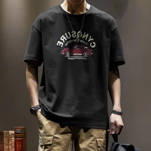 Pure Cotton Heavy-duty Personalized Printed Short-sleeved T-shirt Men's Trendy Brand Ins Loose plus size Half-sleeved Men's Trendy European and American T-shirt