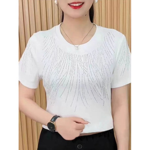 [Original Color Diamond] Mom's Round Neck Fashionable Hot Diamond Shirt Fashionable Summer Short-Sleeved T-Shirt for Age Reduction and Versatile Use