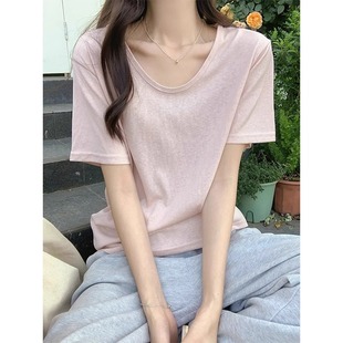 Wushi good * women's series small fresh pink dopamine short sleeve T-shirt women's 2024 summer U collar loose