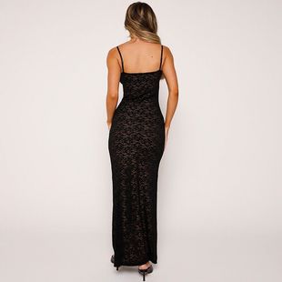 Amazon Cross-border Sling Deep V Lace Perspective dress European and American Waist Hip Solid Color Backless Sexy Dress