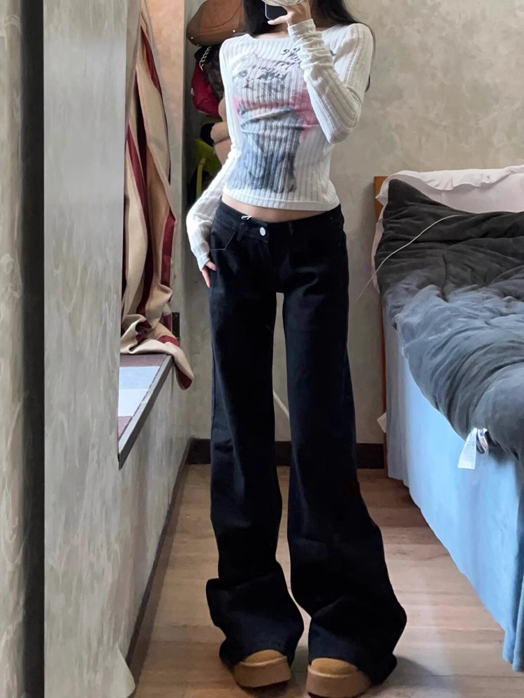 아메리칸 스타일 레트로 블랙 로우 허리 와이드 레그 청바지 여성의 봄과 가을 스트레이트 루즈 슬리밍 올 매치 마이크로 플레어 바지