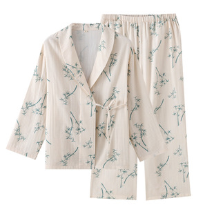 Guofeng Bamboo Pure Cotton Thin Double-Layer Gauze Women's Pajamas for Spring and Autumn and Summer Long-Sleeved Loose Home Clothes Set with Green Fruit Collar