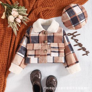 Four color plaid fur collar coat Children's clothing wholesale Children's coat with fur collar