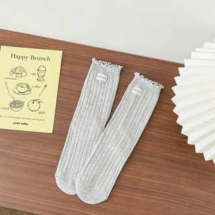Autumn and Winter new pure color wooden ear socks women's Japanese vertical striped pile socks ins trendy double needle cloth standard mid-calf length socks