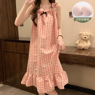 Plus size plus size bubble plaid cotton with chest pad nightdress women's sling spring and autumn solid color pajamas princess style home wear