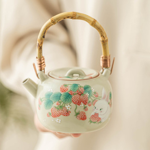 Strawberry Rabbit Chinese-style Ruyao Teapot for Tea-making Household Bamboo Handle Lifting Pot High-grade Ceramic Tea Set Not Hot for Hand-making Teapot
