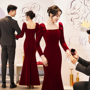 Engaged Bride Toast Dress 2023 Winter New Wine Red Wedding Back Door French Style Banquet Evening Dress for Women