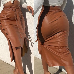 Autumn and Winter European and American Foreign Trade Leather Skirt Amazon Women's Hot Sale Split Slim-fit Mid-length Hip Skirt PU Skirt