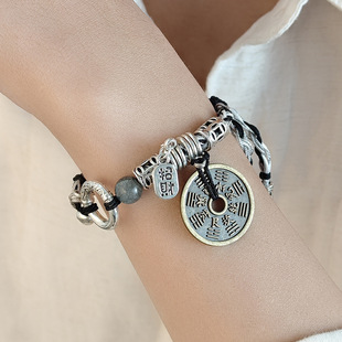 New Chinese Style Retro String Copper Coin Safe Buckle Woven Hand Rope Tibetan Ethnic Style Black and White Ins Style All-match Bracelet